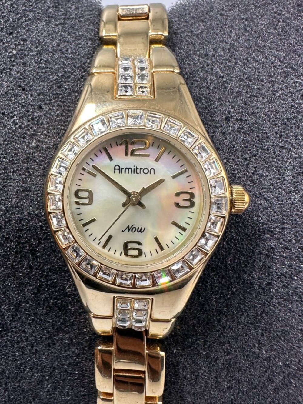 Armitron Watch Women Gold Tone Crystal Bezel Mother of Pearl Dial New Battery